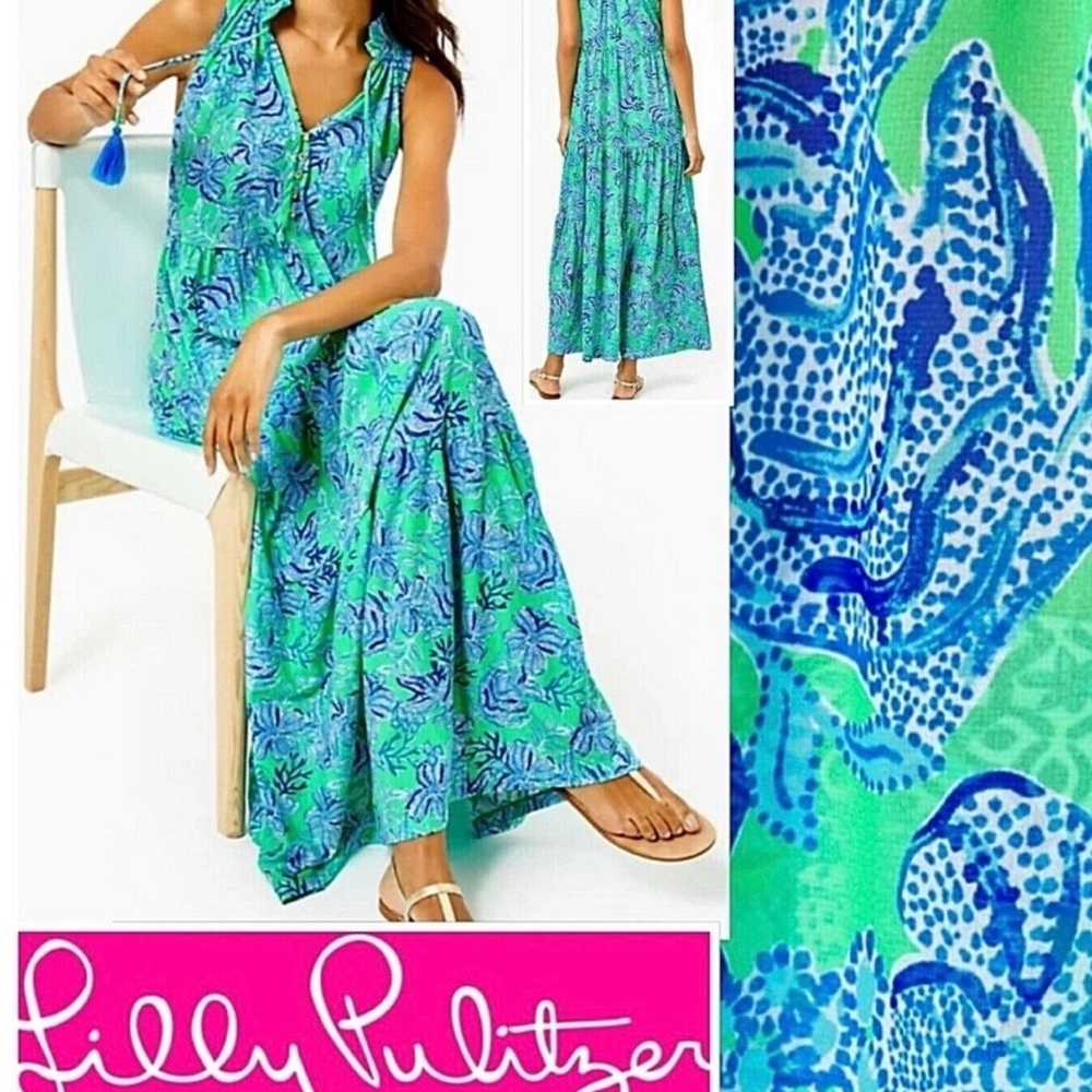 Lilly Pulitzer Malone Maxi  “Keepin’ It Reel” Vibrant Green and Blue Dress